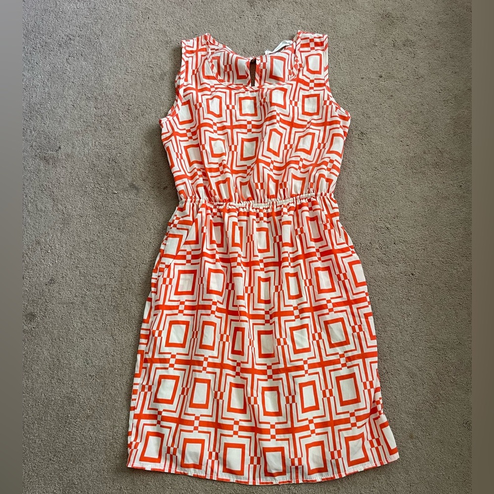 Orange and White Geometric Square Print Dress